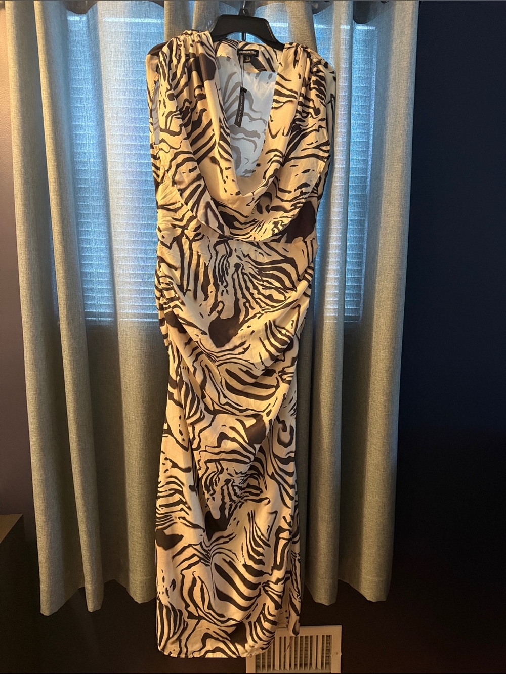 PrettyLittleThing Monochrome Zebra Print Cowl Ruched Maxi